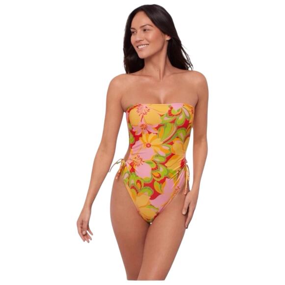 Retro Strapless Floral One Piece Swimsuit Women’s Large NWT 70s Bandeau Dopamine - Picture 4 of 16